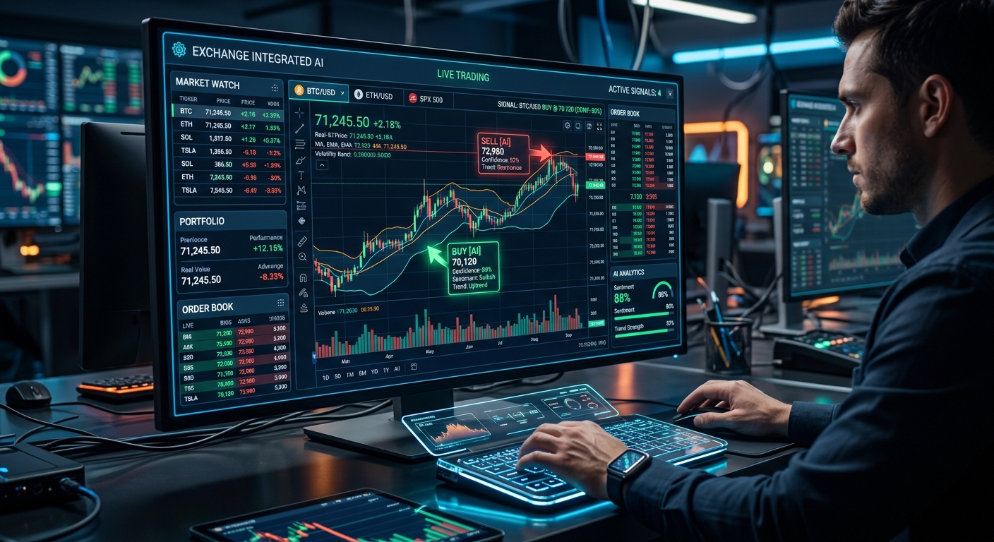 Exchange integrated AI ??A high-tech trading dashboard showing real-time candlestick charts and AI-generated buy/sell signals with a futuristic interface.