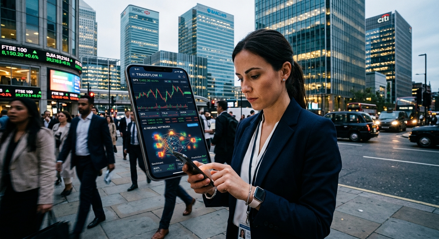 Live feed stock AI ??A professional trader using a mobile app in a busy financial district, displaying live data streams and neural network visualizations.