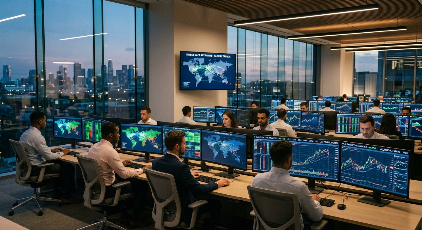 Direct data AI trading ??A sleek, modern office setting with multiple monitors showing global market maps and AI-driven predictive trend lines.